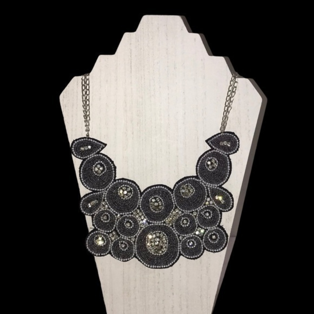 Bib Gray Bead and Rhinestone set in Sliver Tone